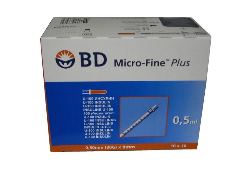 BD 0.5mlx8mm Microfine Plus Seringue à Insuline DEMI U-100 100 pièces Becton Dickinson